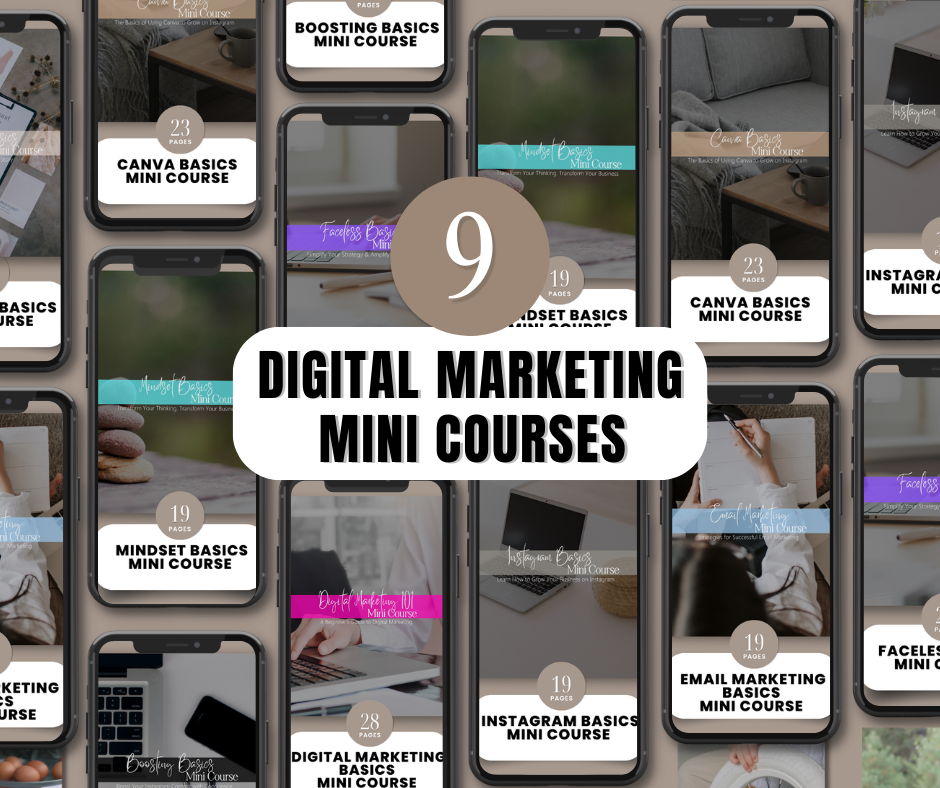 Visual representation of the 9 Digital Marketing Mini-Course Bundle, featuring a clean and modern design layout with a tablet displaying course content, a notebook, a coffee cup, and decorative desk items, emphasizing digital marketing education and professional development offered by Compass Point Digital.