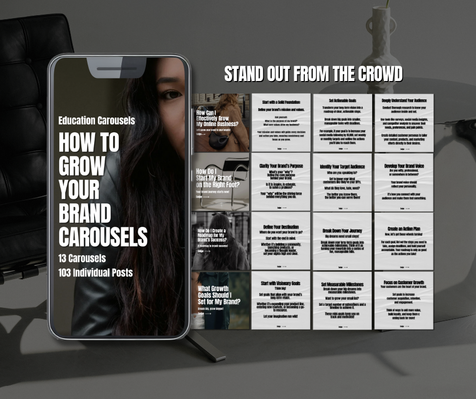 How to Grow Your Brand Carousels by Compass Point Digital, a collection of professionally designed carousel templates and content strategies to help businesses increase brand awareness, engagement, and reach on social media platforms.