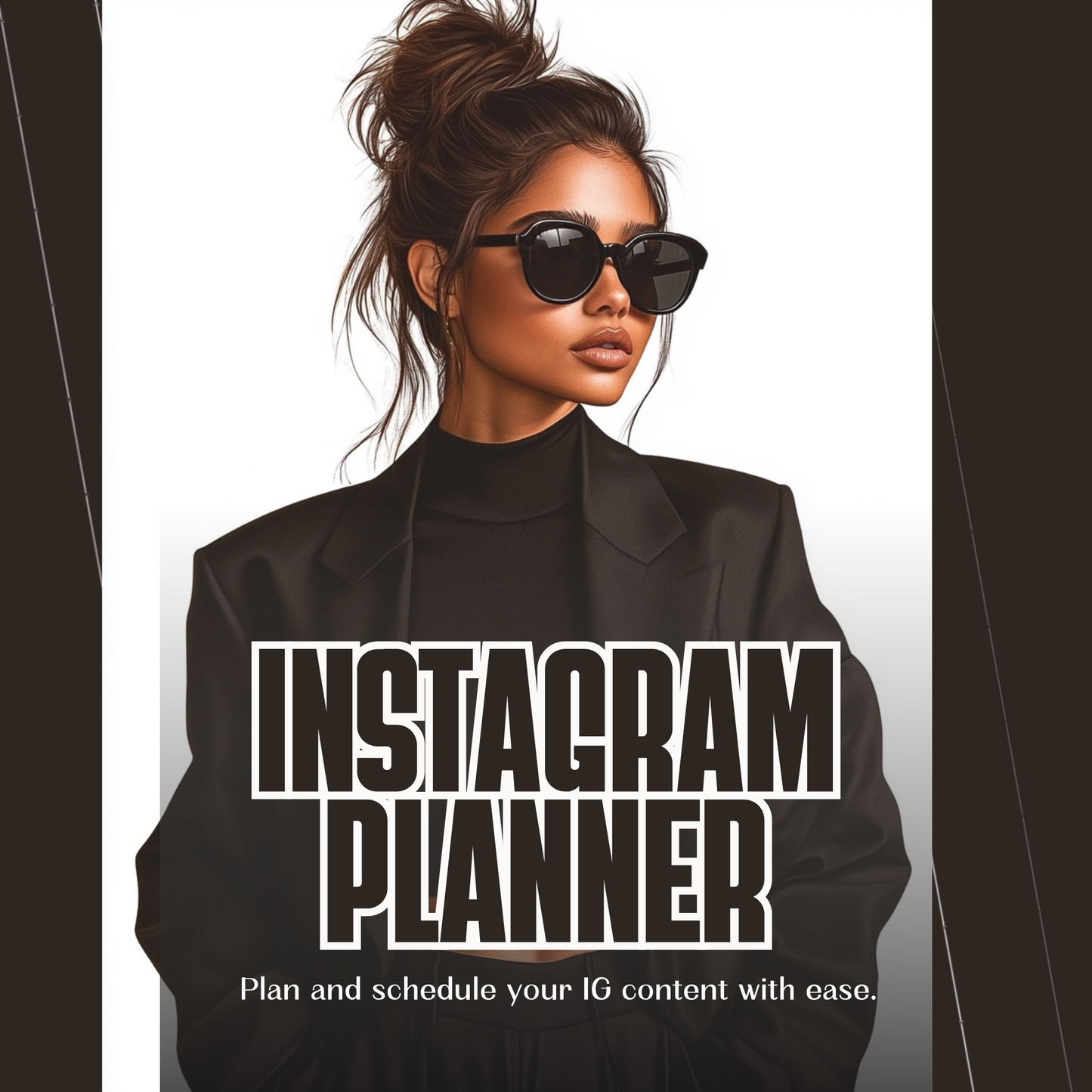 Second promotional image showing same woman in black attire with 'INSTAGRAM PLANNER' text overlaid on beige background. Features bullet points highlighting '12-MONTH CONTENT PLAN' and 'TRACK REELS, POSTS & ENGAGEMENT LIKE A PRO!' with 'ALL-IN-ONE INSTAGRAM SYSTEM' subheading.