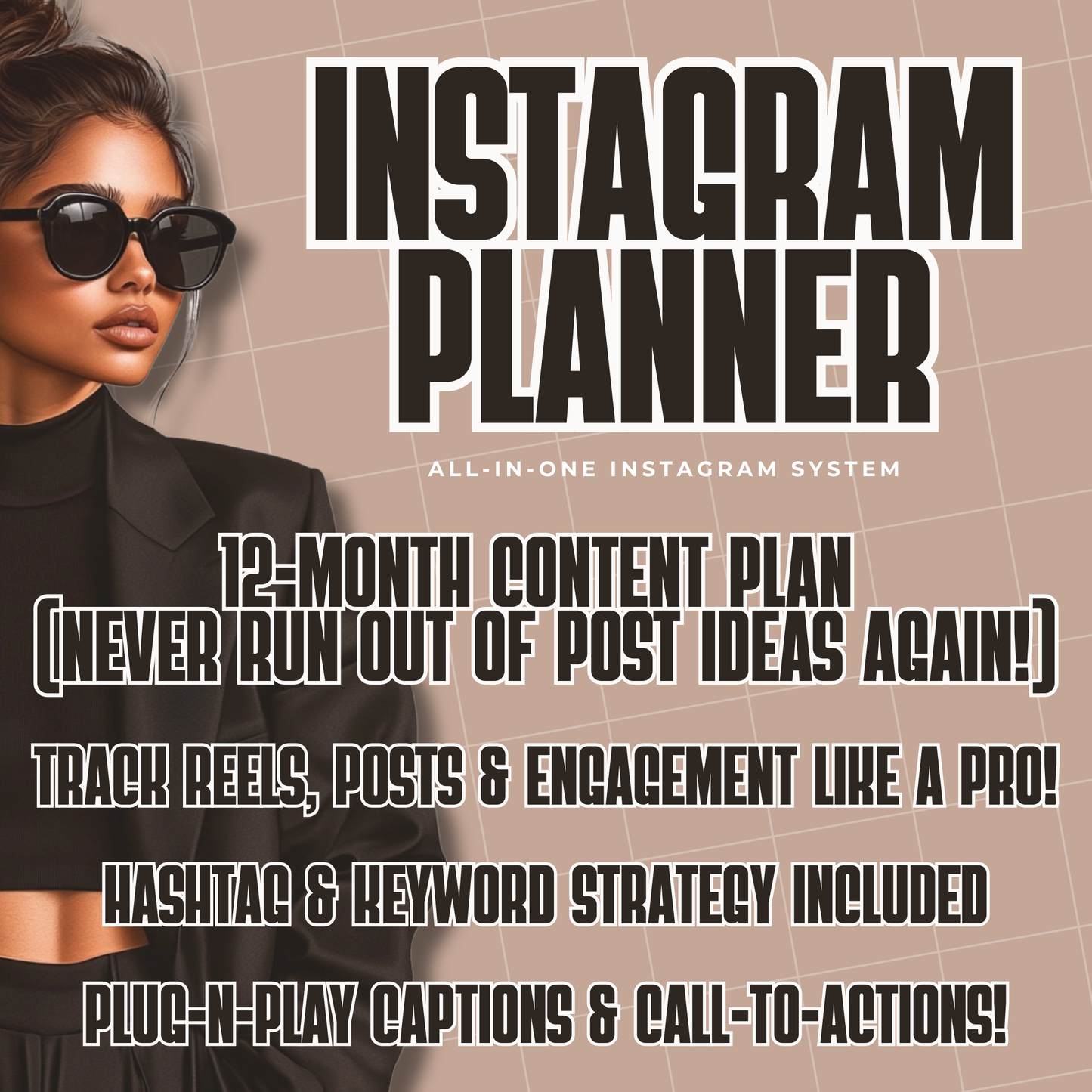 Marketing image displaying '68 PAGES' headline with 'YOU'RE 1 PLANNER AWAY FROM AN INSTAGRAM BREAKTHROUGH' text. Shows smartphone mockup with 'INSTAGRAM KEYWORDS' and book titled 'INSTAGRAM TARGET AUDIENCE' against beige grid background.