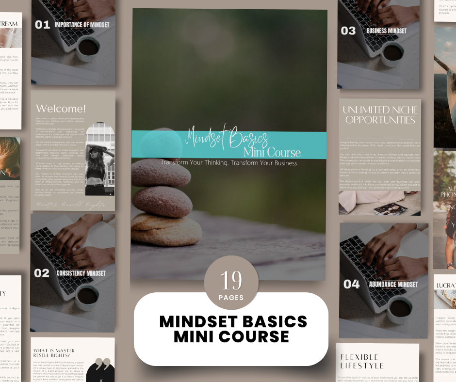 Graphic display of the 9 Digital Marketing Mini-Courses, illustrating topics like 'Instagram Basics' and 'Boosting Basics' on various digital platforms.