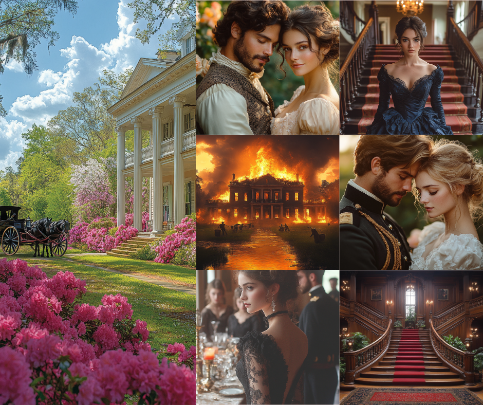 Premium AI-generated image collection featuring romantic Civil War era scenes, antebellum architecture, southern landscapes, and dramatic historical moments. Includes portraits of couples in period costume, plantation mansions, and atmospheric war scenes, perfect for historical romance and southern heritage projects. Complete with full commercial rights.
