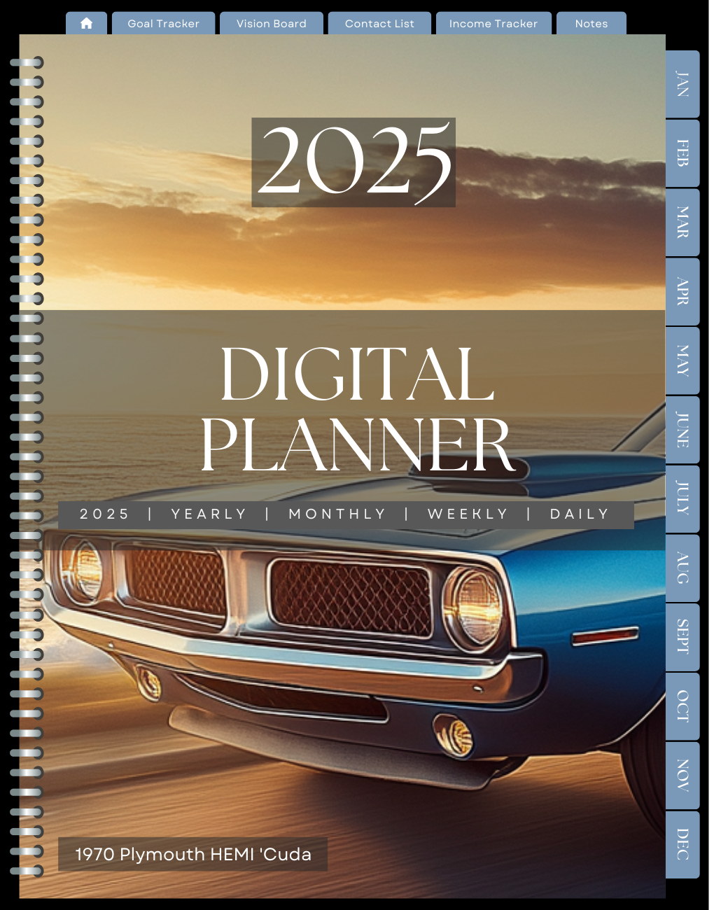 1970 Plymouth Hemi Cuda 2025 Digital Planner by Compass Point Digital, a vibrant and customizable planner inspired by the iconic muscle car, designed for car aficionados and individuals looking to organize their year with style and functionality