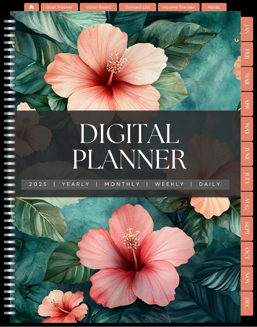 Hibiscus Floral 2025 Digital Planner by Compass Point Digital, a vibrant and beautifully designed planner featuring hibiscus-themed artwork, offering customizable templates to help users efficiently organize their schedules, goals, and tasks throughout the year.