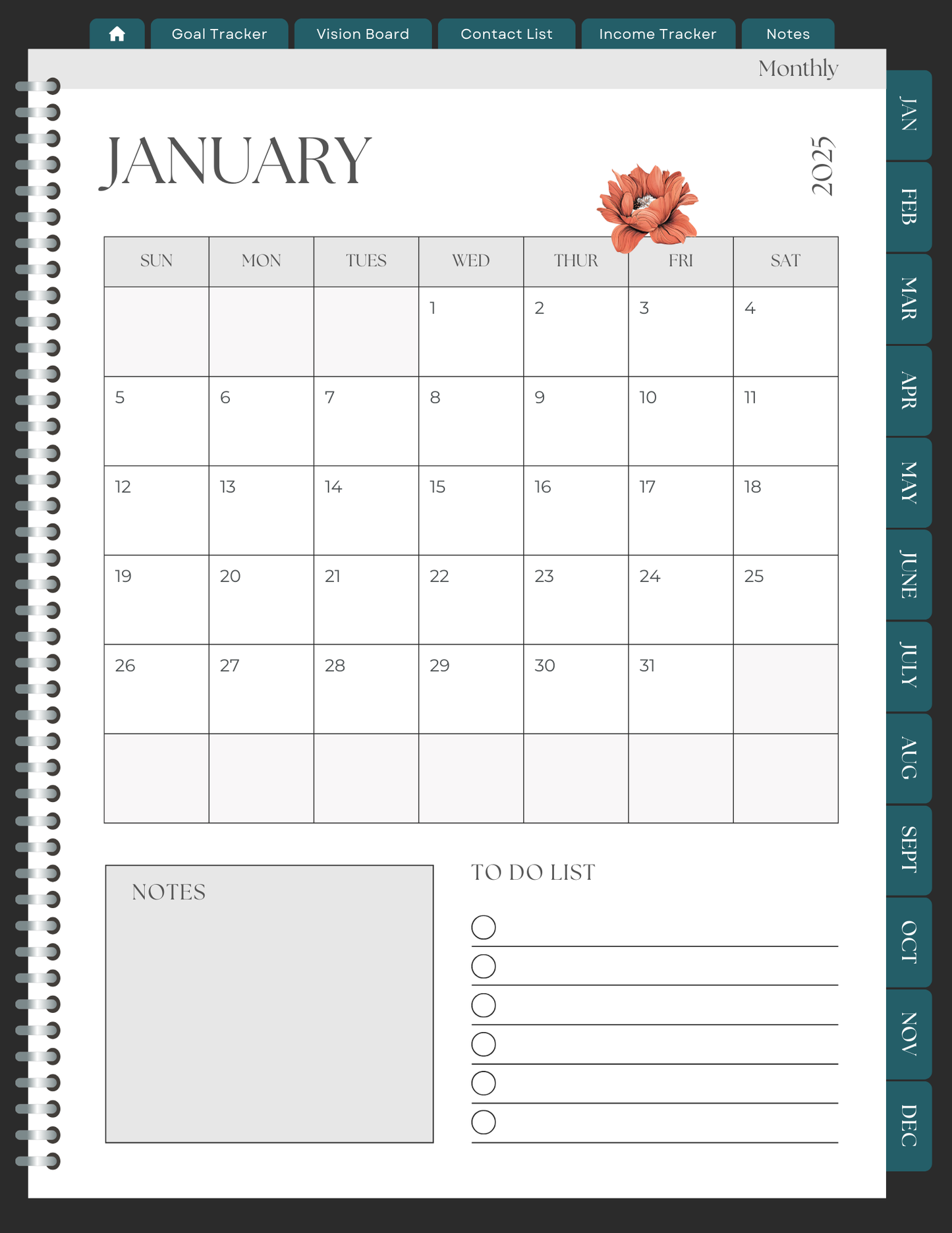Coral Floral 2025 Digital Planner