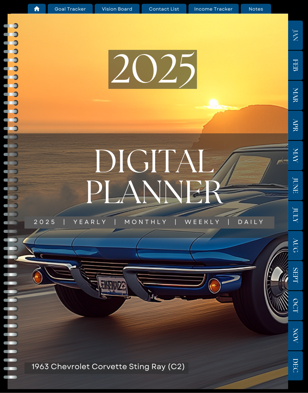 1963 Chevy Corvette Stingray C2 2025 Digital Planner by Compass Point Digital, a stylish and functional digital planner inspired by the iconic Corvette Stingray, designed for automotive enthusiasts and planners, offering customizable templates for effective organization and scheduling