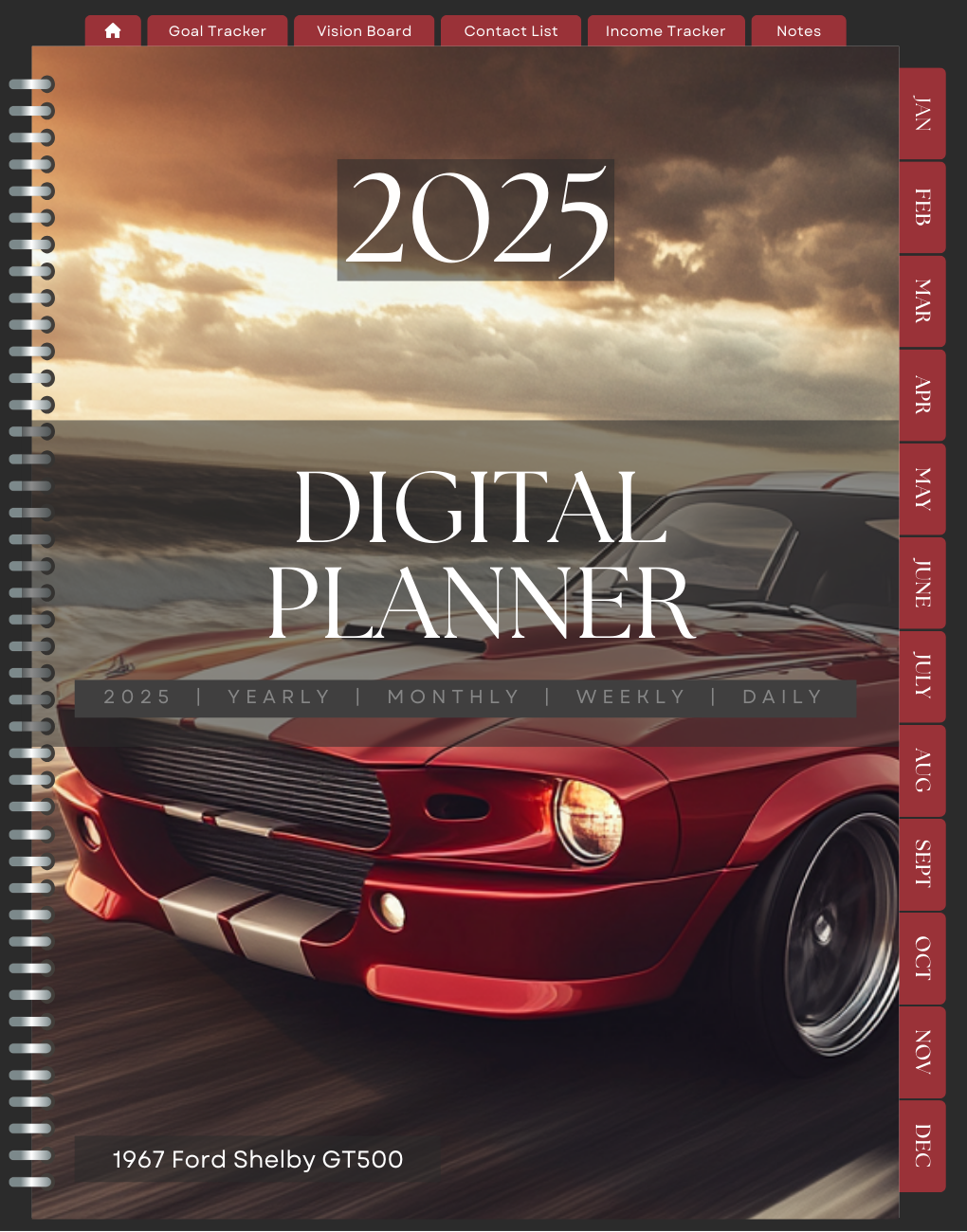 1967 Shelby GT500 2025 Digital Planner by Compass Point Digital, a sleek and customizable digital planner inspired by the legendary Shelby GT500, tailored for car enthusiasts and organizers seeking a stylish way to plan and manage their year.